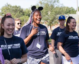 students walk together