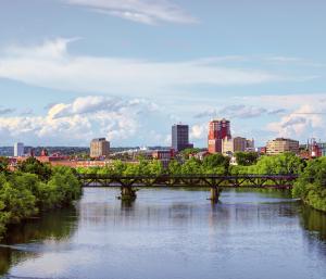 View of buildings and skyline of Manchester, New Hampshire.