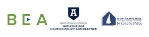 Three logos, one stylized in green that says "BEA", the second with a navy blue shield and stylized "A" that reads "Saint Anselm College Initiative for Housing Policy and Practice," and a third with a stylized blue house and outline of the state of New Hampshire that reads "New Hampshire Housing."