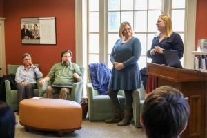 Faculty in the DeCiccio Reading Room for the celebration of their research