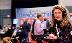 Lauren Chooljian ’10 in the spin room for the ABC Democratic Debate