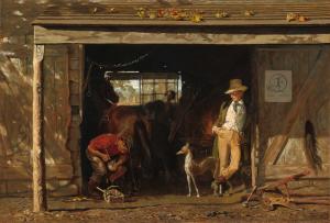 Painting of two man standing in a stable