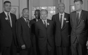 Photo of Whitney Young, Rev. Martin Luther King Jr., John Lewis, Rabbi Joachim Prinz, A. Philip Randolph, President John F. Kennedy