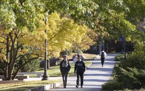 Two students walking on a college campus with autumn foliage.