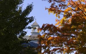 Image of a building's cupola peeking through fall foliage 