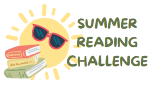 Image of a yellow sun wearing red sunglasses behind a stack of books, with the words "Summer Reading Challenge"