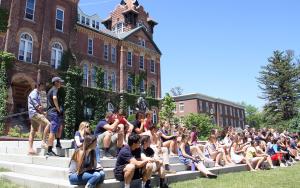 Students in front of iconic Alumni Hall for Transitions Orientation Part I