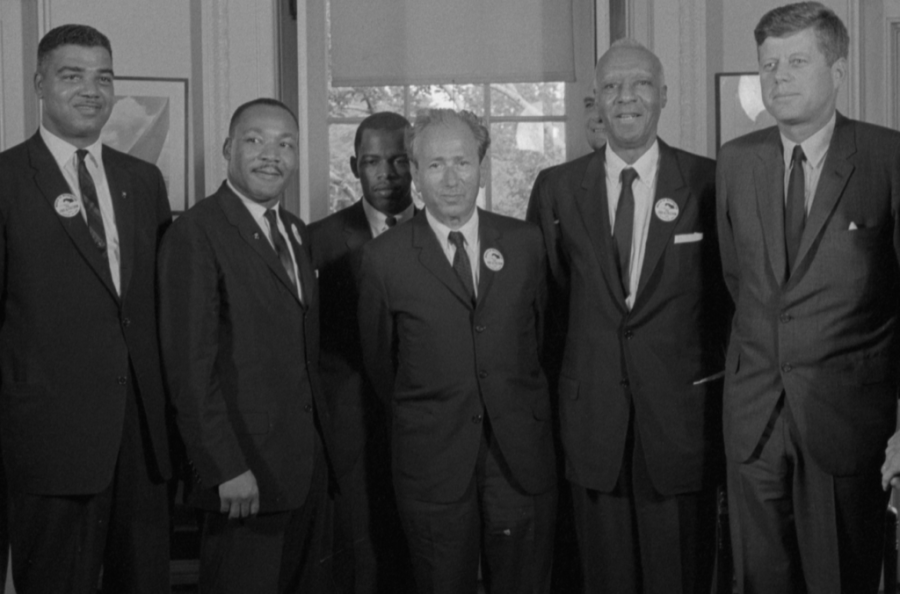 Photo of Whitney Young, Rev. Martin Luther King Jr., John Lewis, Rabbi Joachim Prinz, A. Philip Randolph, President John F. Kennedy