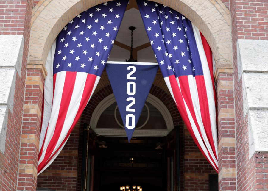 Class of 2020 penant hangs from Alumni Hall
