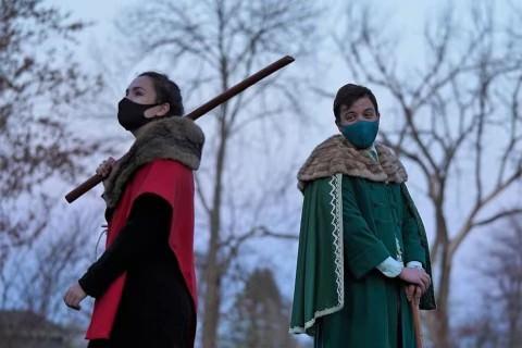 Morganne Mutkoski '22 and Ryan McDonough '22 as their respective characters of Macbeth and Banquo